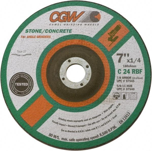 Camel Grinding Wheels - 24 Grit, 9" Wheel Diam, 1/4" Wheel Thickness, 7/8" Arbor Hole, Type 27 Depressed Center Wheel - Coarse Grade, Silicon Carbide, Resinoid Bond, 6,650 Max RPM - Benchmark Tooling