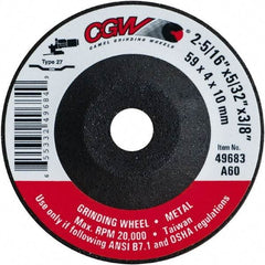 Camel Grinding Wheels - 60 Grit, 2-5/16" Wheel Diam, 5/32" Wheel Thickness, 3/8" Arbor Hole, Type 27 Depressed Center Wheel - Medium Grade, Aluminum Oxide, Resinoid Bond, 20,000 Max RPM - Benchmark Tooling