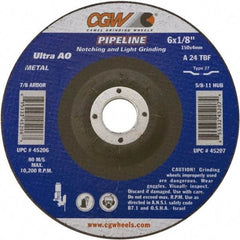 Camel Grinding Wheels - 24 Grit, 6" Wheel Diam, 1/8" Wheel Thickness, Type 27 Depressed Center Wheel - Coarse Grade, Aluminum Oxide, Resinoid Bond, 10,200 Max RPM - Benchmark Tooling