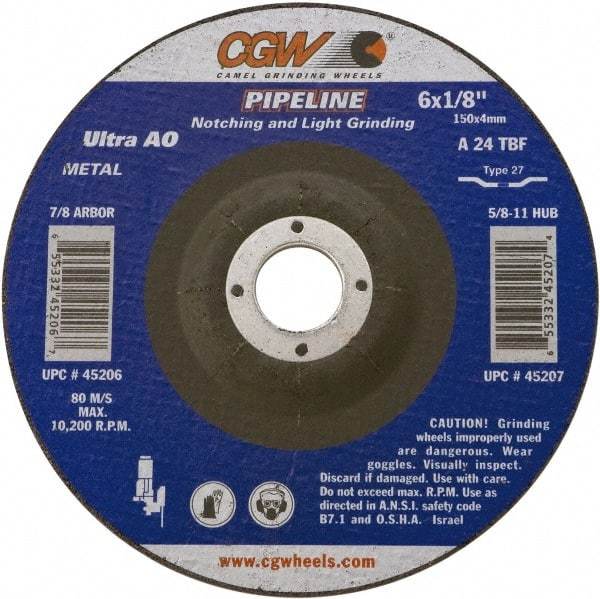 Camel Grinding Wheels - 24 Grit, 6" Wheel Diam, 1/8" Wheel Thickness, 7/8" Arbor Hole, Type 27 Depressed Center Wheel - Coarse Grade, Aluminum Oxide, Resinoid Bond, 10,200 Max RPM - Benchmark Tooling