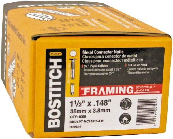 Stanley Bostitch - 16 Gauge 0.0598" Shank Diam 2-1/2" Long Metal Connecting Nails for Power Nailers - Steel, Galvanized Finish, Smooth Shank, Angled Stick Paper Tape Collation, Round Head - Benchmark Tooling