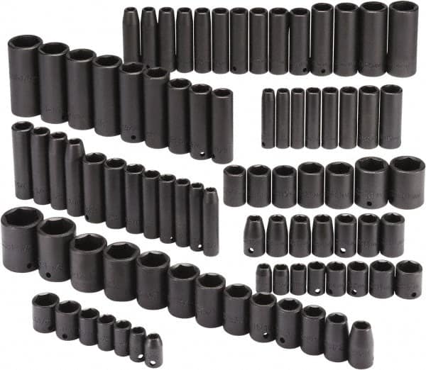 Proto - 86 Piece 3/8" & 1/2" Drive Black Finish Deep Well Impact Socket Set - 6 Points, 5/16" to 1-1/4" (9mm to 27mm) Range, Inch/Metric Measurement Standard - Benchmark Tooling