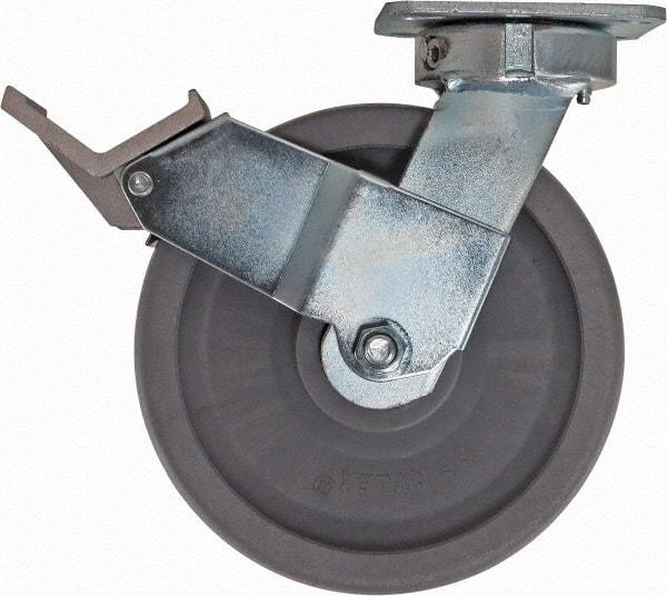 Caster Connection - 8" Diam x 2" Wide x 9-1/2" OAH Top Plate Mount Swivel Caster with Brake - Nylon, 2,000 Lb Capacity, Sealed Precision Ball Bearing, 4 x 4-1/2" Plate - Benchmark Tooling
