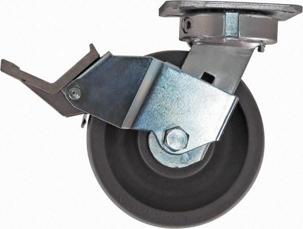 Caster Connection - 6" Diam x 2" Wide x 7-1/2" OAH Top Plate Mount Swivel Caster with Brake - Nylon, 1,500 Lb Capacity, Sealed Precision Ball Bearing, 4 x 4-1/2" Plate - Benchmark Tooling