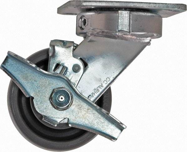 Caster Connection - 4" Diam x 2" Wide x 5-5/8" OAH Top Plate Mount Swivel Caster with Brake - Nylon, 1,000 Lb Capacity, Sealed Precision Ball Bearing, 4 x 4-1/2" Plate - Benchmark Tooling