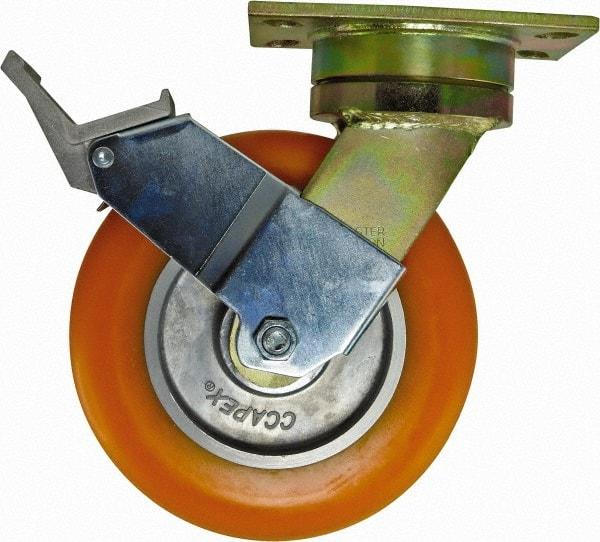 Caster Connection - 8" Diam x 2" Wide x 10-1/8" OAH Top Plate Mount Swivel Caster with Brake - Polyurethane, 1,200 Lb Capacity, Sealed Precision Ball Bearing, 4-1/2 x 6-1/4" Plate - Benchmark Tooling