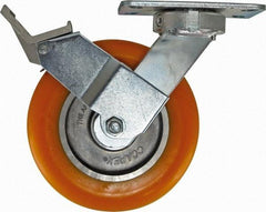 Caster Connection - 8" Diam x 2" Wide x 9-1/2" OAH Top Plate Mount Swivel Caster with Brake - Polyurethane, 1,200 Lb Capacity, Sealed Precision Ball Bearing, 4-1/2 x 6-1/4" Plate - Benchmark Tooling