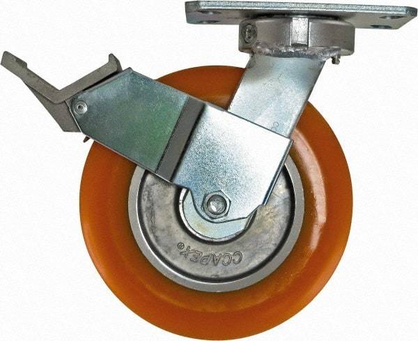 Caster Connection - 8" Diam x 2" Wide x 9-1/2" OAH Top Plate Mount Swivel Caster with Brake - Polyurethane, 1,200 Lb Capacity, Sealed Precision Ball Bearing, 4-1/2 x 6-1/4" Plate - Benchmark Tooling