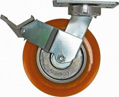 Caster Connection - 8" Diam x 2" Wide x 9-1/2" OAH Top Plate Mount Swivel Caster with Brake - Polyurethane, 1,200 Lb Capacity, Sealed Precision Ball Bearing, 4-1/2 x 6-1/4" Plate - Benchmark Tooling