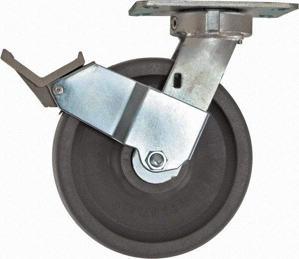 Caster Connection - 8" Diam x 2" Wide x 10-1/8" OAH Top Plate Mount Swivel Caster with Brake - Nylon, 2,000 Lb Capacity, Sealed Precision Ball Bearing, 4-1/2 x 6-1/4" Plate - Benchmark Tooling