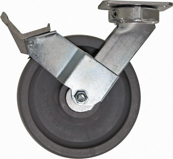 Caster Connection - 8" Diam x 2" Wide x 10-1/8" OAH Top Plate Mount Swivel Caster with Brake - Nylon, 2,000 Lb Capacity, Sealed Precision Ball Bearing, 4 x 4-1/2" Plate - Benchmark Tooling