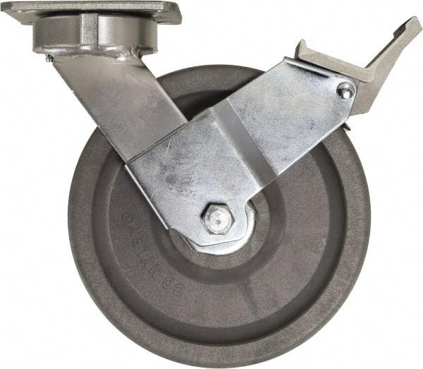 Caster Connection - 8" Diam x 2" Wide x 9-1/2" OAH Top Plate Mount Swivel Caster with Brake - Nylon, 2,000 Lb Capacity, Sealed Precision Ball Bearing, 4 x 4-1/2" Plate - Benchmark Tooling