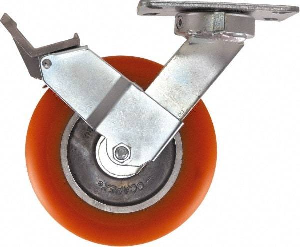 Caster Connection - 8" Diam x 2" Wide x 10-1/8" OAH Top Plate Mount Swivel Caster with Brake - Polyurethane, 1,200 Lb Capacity, Sealed Precision Ball Bearing, 4-1/2 x 6-1/4" Plate - Benchmark Tooling