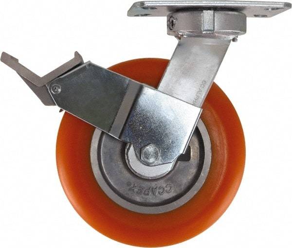 Caster Connection - 8" Diam x 2" Wide x 10-1/8" OAH Top Plate Mount Swivel Caster with Brake - Polyurethane, 1,200 Lb Capacity, Sealed Precision Ball Bearing, 4-1/2 x 6-1/4" Plate - Benchmark Tooling