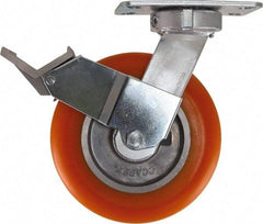 Caster Connection - 8" Diam x 2" Wide x 10-1/8" OAH Top Plate Mount Swivel Caster with Brake - Polyurethane, 1,200 Lb Capacity, Sealed Precision Ball Bearing, 4-1/2 x 6-1/4" Plate - Benchmark Tooling
