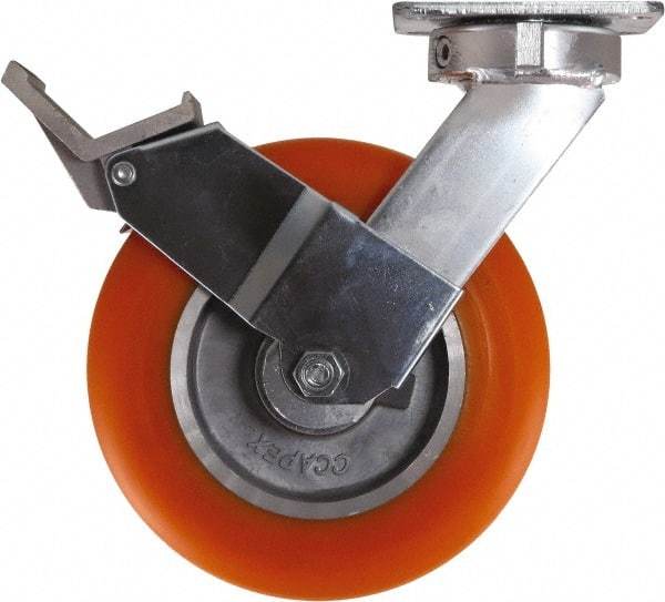 Caster Connection - 8" Diam x 2" Wide x 10-1/8" OAH Top Plate Mount Swivel Caster with Brake - Polyurethane, 1,200 Lb Capacity, Sealed Precision Ball Bearing, 4 x 4-1/2" Plate - Benchmark Tooling