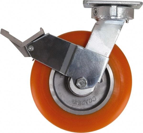 Caster Connection - 8" Diam x 2" Wide x 10-1/8" OAH Top Plate Mount Swivel Caster with Brake - Polyurethane, 1,200 Lb Capacity, Sealed Precision Ball Bearing, 4 x 4-1/2" Plate - Benchmark Tooling