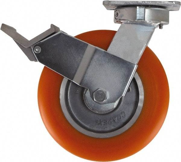Caster Connection - 8" Diam x 2" Wide x 9-1/2" OAH Top Plate Mount Swivel Caster with Brake - Polyurethane, 1,200 Lb Capacity, Sealed Precision Ball Bearing, 4 x 4-1/2" Plate - Benchmark Tooling