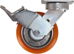 Caster Connection - 6" Diam x 2" Wide x 7-1/2" OAH Top Plate Mount Swivel Caster with Brake - Polyurethane, 1,000 Lb Capacity, Sealed Precision Ball Bearing, 4 x 4-1/2" Plate - Benchmark Tooling