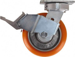 Caster Connection - 6" Diam x 2" Wide x 7-1/2" OAH Top Plate Mount Swivel Caster with Brake - Polyurethane, 1,000 Lb Capacity, Sealed Precision Ball Bearing, 4 x 4-1/2" Plate - Benchmark Tooling