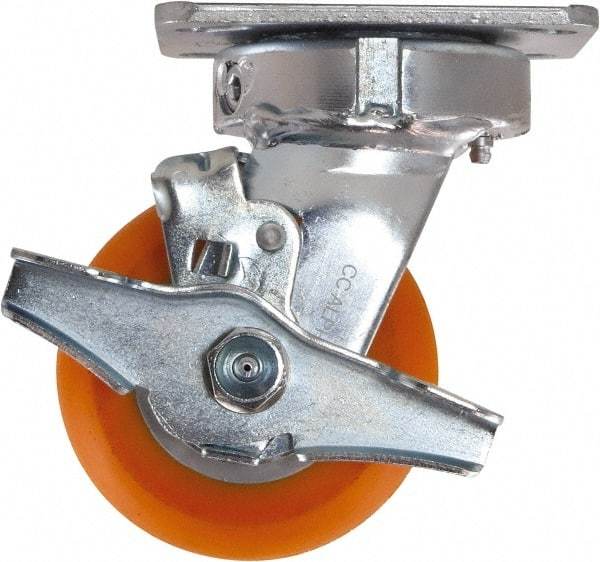 Caster Connection - 4" Diam x 2" Wide x 5-5/8" OAH Top Plate Mount Swivel Caster with Brake - Polyurethane, 700 Lb Capacity, Sealed Precision Ball Bearing, 4 x 4-1/2" Plate - Benchmark Tooling