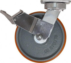 Caster Connection - 8" Diam x 2" Wide x 9-1/2" OAH Top Plate Mount Swivel Caster with Brake - Polyurethane, 1,500 Lb Capacity, Sealed Precision Ball Bearing, 4 x 4-1/2" Plate - Benchmark Tooling