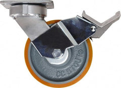 Caster Connection - 6" Diam x 2" Wide x 7-1/2" OAH Top Plate Mount Swivel Caster with Brake - Polyurethane, 1,250 Lb Capacity, Sealed Precision Ball Bearing, 4 x 4-1/2" Plate - Benchmark Tooling