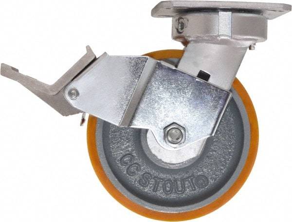Caster Connection - 6" Diam x 2" Wide x 7-1/2" OAH Top Plate Mount Swivel Caster with Brake - Polyurethane, 1,250 Lb Capacity, Sealed Precision Ball Bearing, 4 x 4-1/2" Plate - Benchmark Tooling