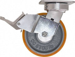 Caster Connection - 6" Diam x 2" Wide x 7-1/2" OAH Top Plate Mount Swivel Caster with Brake - Polyurethane, 1,250 Lb Capacity, Sealed Precision Ball Bearing, 4 x 4-1/2" Plate - Benchmark Tooling