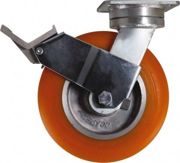 Caster Connection - 8" Diam x 2" Wide x 9-1/2" OAH Top Plate Mount Swivel Caster with Brake - Polyurethane, 1,200 Lb Capacity, Sealed Precision Ball Bearing, 4 x 4-1/2" Plate - Benchmark Tooling