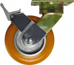 Caster Connection - 8" Diam x 1-1/4" Wide x 10-1/8" OAH Top Plate Mount Swivel Caster with Brake - Polyurethane, 1,200 Lb Capacity, Sealed Precision Ball Bearing, 4-1/2 x 6-1/4" Plate - Benchmark Tooling