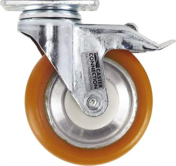 Caster Connection - 5" Diam x 1-1/4" Wide x 6-1/4" OAH Top Plate Mount Swivel Caster with Brake - Polyurethane, 450 Lb Capacity, Sealed Precision Ball Bearing, 2-3/8 x 3-5/8" Plate - Benchmark Tooling