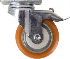 Caster Connection - 4" Diam x 1-1/4" Wide x 5-1/8" OAH Top Plate Mount Swivel Caster with Brake - Polyurethane, 400 Lb Capacity, Sealed Precision Ball Bearing, 2-3/8 x 3-5/8" Plate - Benchmark Tooling
