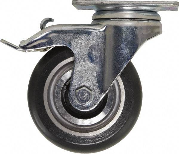 Caster Connection - 4" Diam x 1-1/4" Wide x 5-1/8" OAH Top Plate Mount Swivel Caster with Brake - Polyurethane, 400 Lb Capacity, Sealed Precision Ball Bearing, 2-3/8 x 3-5/8" Plate - Benchmark Tooling