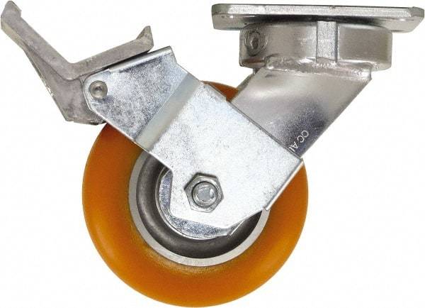 Caster Connection - 5" Diam x 2" Wide x 6-1/2" OAH Top Plate Mount Swivel Caster with Brake - Polyurethane, 750 Lb Capacity, Sealed Precision Ball Bearing, 4 x 4-1/2" Plate - Benchmark Tooling