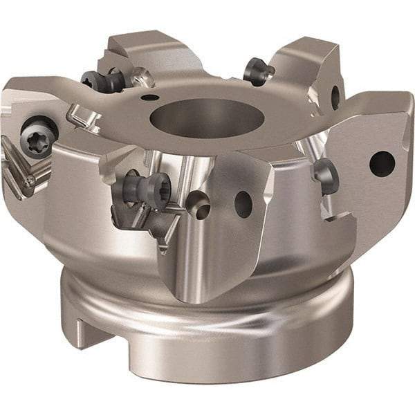 Seco - 6 Inserts, 66mm Cut Diam, 22mm Arbor Diam, 7.5mm Max Depth of Cut, Indexable Square-Shoulder Face Mill - 90° Lead Angle, 40mm High, XNEX 08 Insert Compatibility, Through Coolant, Series R220.96 - Benchmark Tooling