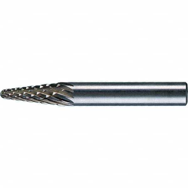 PFERD - 1/4" Cut Diam, 1/4" Shank Diam, 14° Taper Head Diamond Cut Burr - Tungsten Carbide, 5/8" LOC, 1-15/16" OAL - Benchmark Tooling