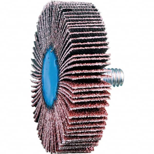PFERD - 2" Diam x 1/2" Face Width, Aluminum Oxide Coated Mounted Flap Wheel - 1/4-20 Threaded Mount, 60 Grit, 23,000 Max RPM - Benchmark Tooling