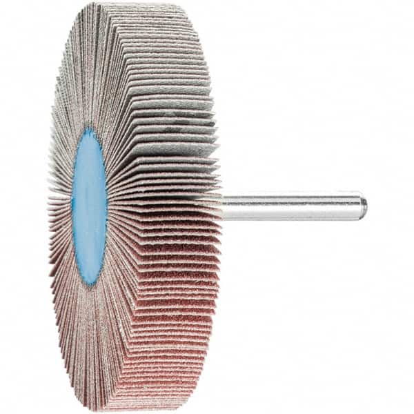 PFERD - 3" Diam x 1/2" Face Width, Aluminum Oxide Coated Mounted Flap Wheel - 1/4" Shank Mount, 120 Grit, 20,000 Max RPM - Benchmark Tooling