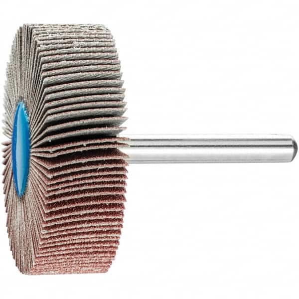 PFERD - 2" Diam x 1/2" Face Width, Aluminum Oxide Coated Mounted Flap Wheel - 1/4" Shank Mount, 120 Grit, 23,000 Max RPM - Benchmark Tooling