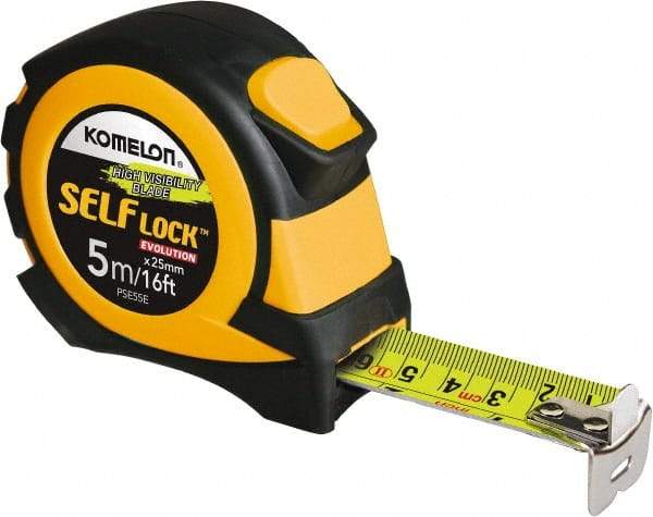 Komelon - 16' x 25mm Yellow Steel Blade Tape Measure - 5mm Graduation, Inch/Metric Graduation Style, Yellow/Black ABS Plastic Case - Benchmark Tooling