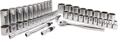 Proto - 50 Piece 3/8" & 1/2" Drive Chrome Finish Deep Well Socket Set - 6, 12 Points, 5/16" to 1-1/2" Range, Inch Measurement Standard - Benchmark Tooling