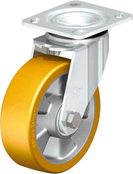 Swivel Top Plate Caster: Polyurethane, 6″ Wheel Dia, 2″ Wheel Width, 1,100 lb Capacity, 7-1/2″ OAH Polyurethane, 1,100 Lb Capacity, Ball Bearing, 4 x 4-1/2″ Plate