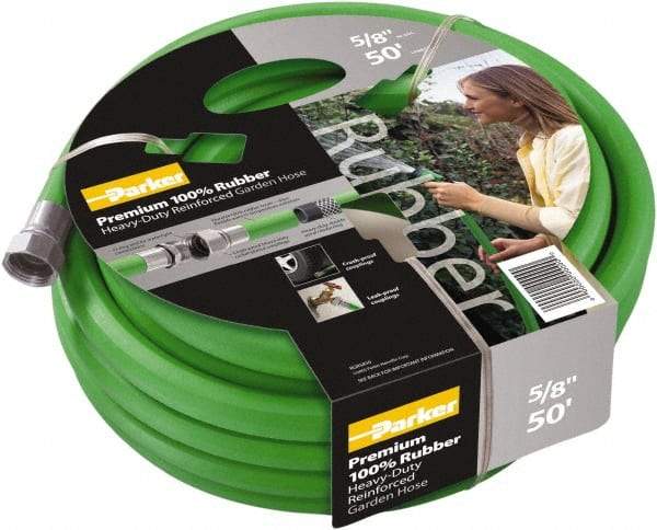 Parker - 100' Long Garden Hose - 5/8" Diam, 3/4" GHT, Rubber, 125 psi, Green - Benchmark Tooling