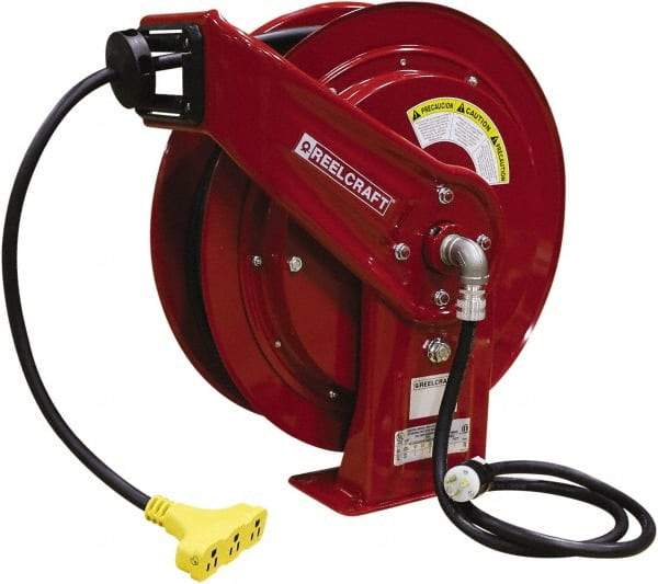 Reelcraft - 12 AWG, 75' Cable Length, Cord & Cable Reel with Triple-Tap Outlet End - 3 Outlets, NEMA 5-15R, 15 Amps, 125 Volts, SEOOW Cable, Red Reel, Spring Driven Reel - Benchmark Tooling