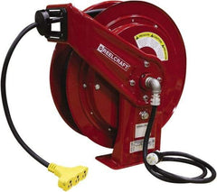 Reelcraft - 12 AWG, 75' Cable Length, Cord & Cable Reel with Triple-Tap Outlet End - 3 Outlets, NEMA 5-15R, 15 Amps, 125 Volts, SEOOW Cable, Red Reel, Spring Driven Reel - Benchmark Tooling