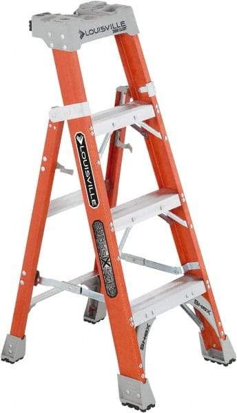 Louisville - 3 Steps, 4' High, Type IA Rating, Fiberglass Step Ladder - 300 Lb Capacity, 20-1/4" Base Width - Benchmark Tooling