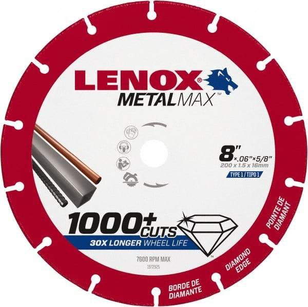 Lenox - 8" 40/50 Grit Diamond Cutoff Wheel - 0.06" Thick, 5/8" Arbor, 7,600 Max RPM, Use with Circular Saws - Benchmark Tooling