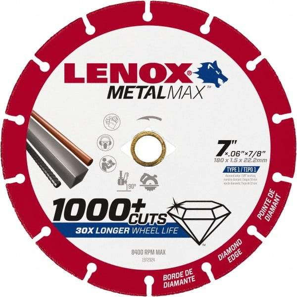 Lenox - 7" 40/50 Grit Diamond Cutoff Wheel - 0.06" Thick, 7/8" Arbor, 8,400 Max RPM, Use with Angle Grinders - Benchmark Tooling