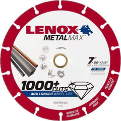 Lenox - 7" 40/50 Grit Diamond Cutoff Wheel - 0.06" Thick, 7/8" Arbor, 8,400 Max RPM, Use with Angle Grinders - Benchmark Tooling